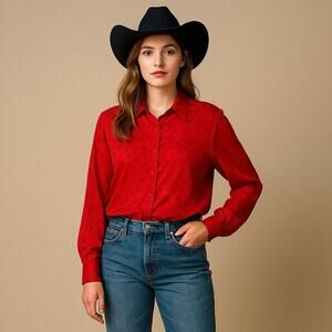 Vintage Ishyu 100% Silk Star Print Blouse Red Made in Hong Kong Size 12 western